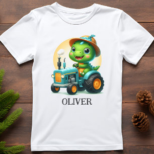 Camiseta Bebê Fofo Trex Dinossauro Dirigindo um Trator Azul