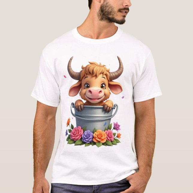 Camiseta Bebê Fofo Vaca das Terras Altas Com flores Bezerro (Frente)