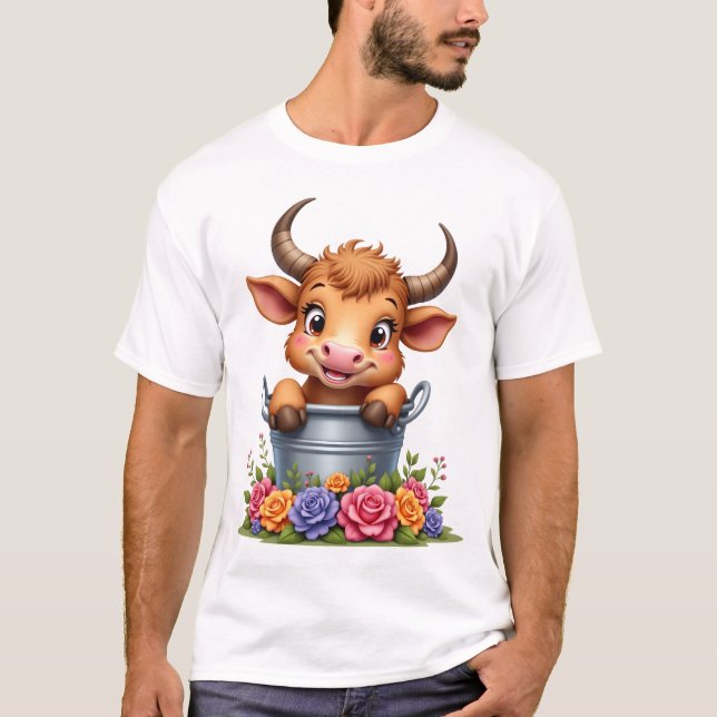 Camiseta Bebê Fofo Vaca Highland Com flores Bezerro Animal  (Frente)