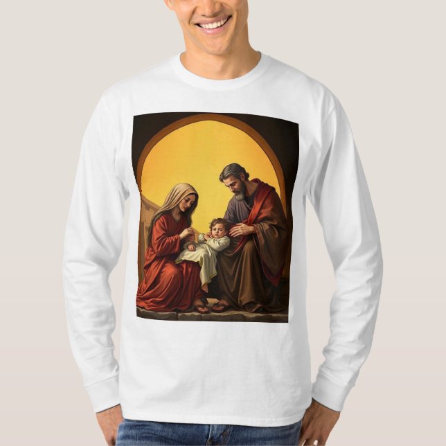 Camiseta Bebê Jesus Maria e José Homens Leve Longa (Frente)