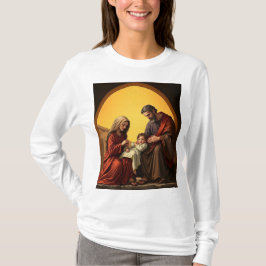 Camiseta Bebê Jesus Maria e José, tenra-manga longa das mul