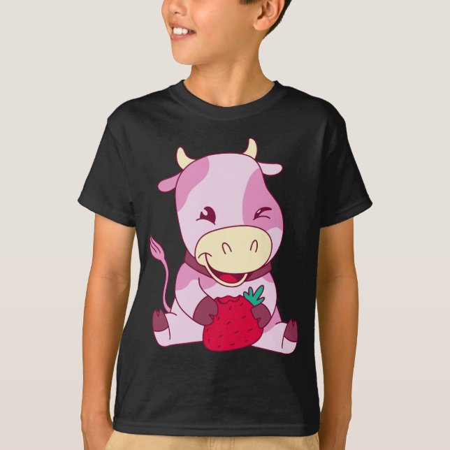 Camiseta Bebê Leite Vaca Adora Morangos Morangos (Frente)