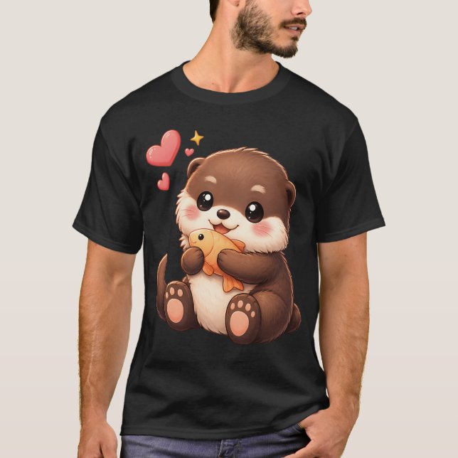 Camiseta Bebê Lúdrico de Lontra Segurando Peixe (Frente)