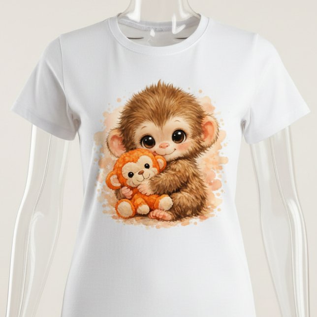 Camiseta Bebê Macaco Adorável Abraçando Brinquedo Fofo  (Criador carregado)