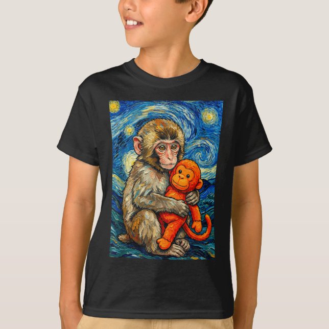 Camiseta Bebê macaco fofo meme soco noite estrelada van gog (Frente)
