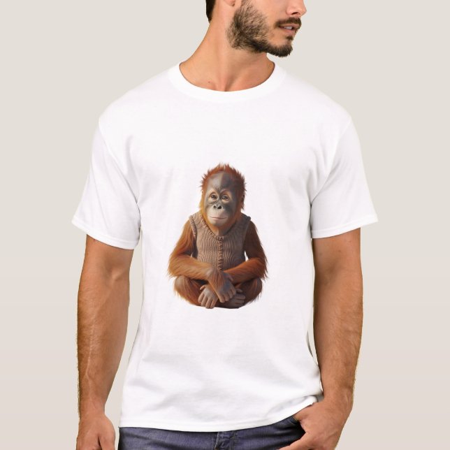 Camiseta Bebê Orangotango Adorável em Colete de Tricô (Frente)