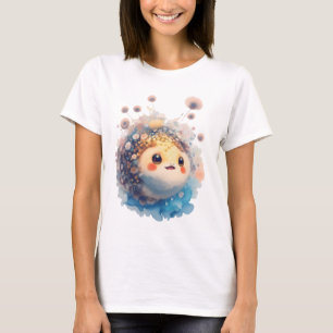 Camiseta Bebê Peixe-Puffer Fofo Jardim Floral Aquarela