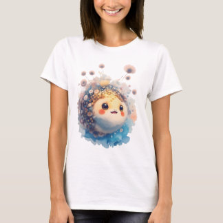 Camiseta Bebê Peixe-Puffer Fofo Jardim Floral Aquarela