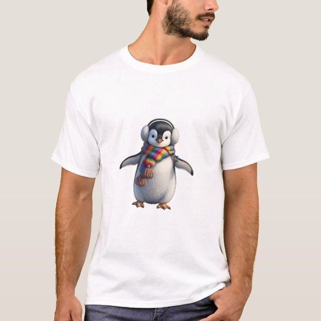 Camiseta Bebê Pinguim Adorável em Roupas de Inverno (Frente)