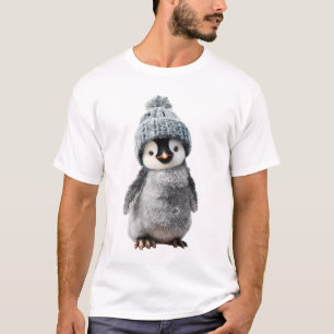 Camiseta Bebê Pinguim Adorável Usando Touca Cinza Tecida