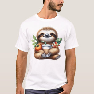Camiseta Bebê Preguiça Fofo com Café de Abóbora e Panquecas
