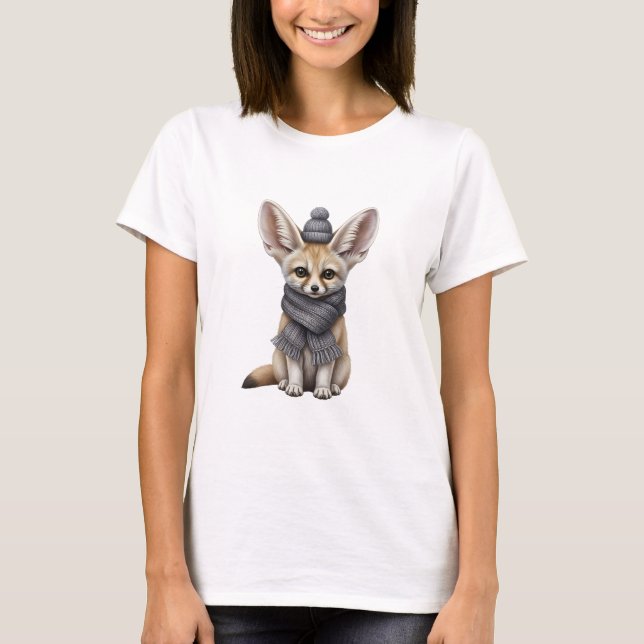 Camiseta Bebê Raposa Fennec Fofo com Cachecol e Touca de In (Frente)