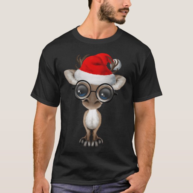 Camiseta Bebê Reindeer Vestindo Um Papai Noel E Óculos (Frente)