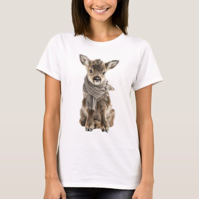 Camiseta Bebê Rena Adorável Usando Cachecol Aconchegante (Frente)