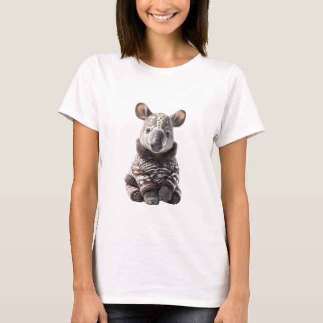 Camiseta Bebê Tapir Adorável em Marrom e Branco Tecido (Frente)