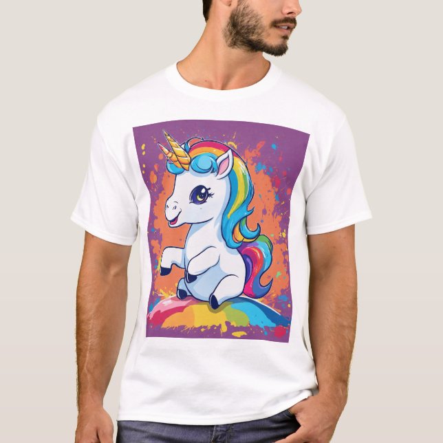 Camiseta Bebê Unicórnio Arco-íris Arte Splash. (Frente)