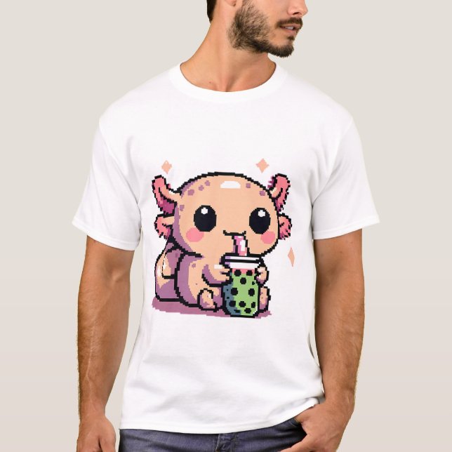 Camiseta Bebendo Axolotl bonito Boba Pixel Art (Frente)
