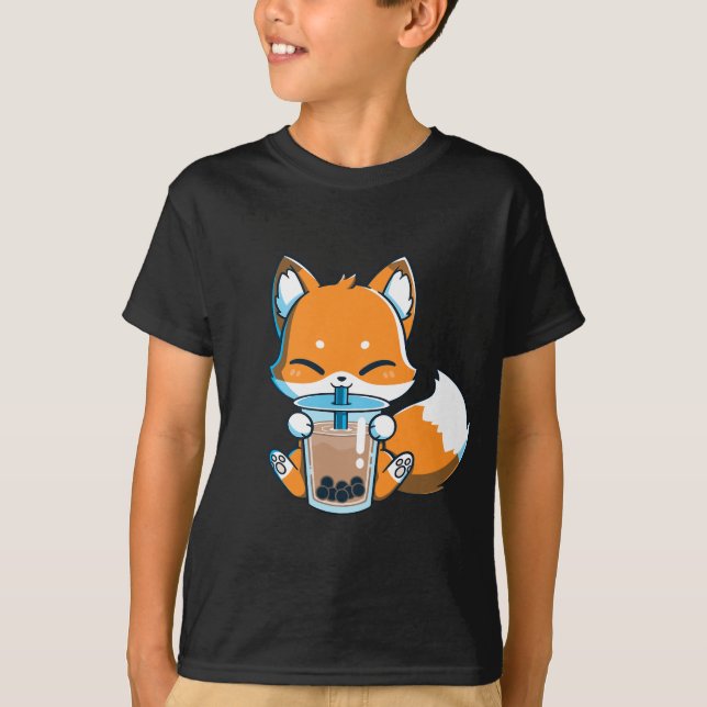 Camiseta Bebendo Boba Fox Cute Kawaii Anime Foxy Japonês (Frente)