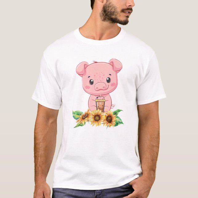 Camiseta Bebendo Boba milk Tea Kawaii Fazenda Animal (Frente)