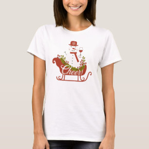 Camiseta Bebendo com Boneco de Neve com Vinho e Trineo de N