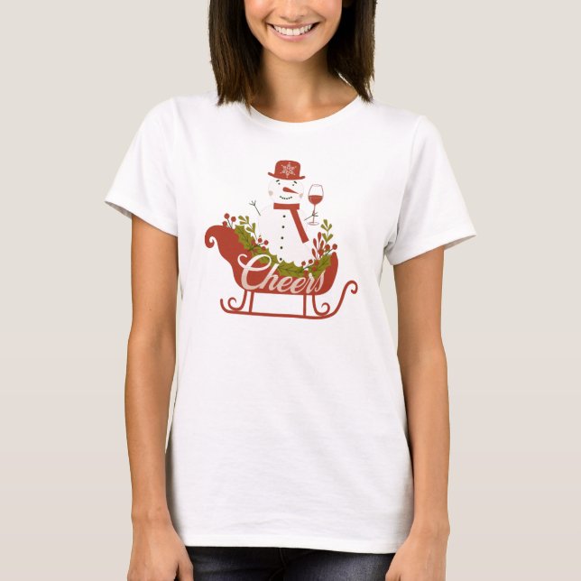 Camiseta Bebendo com Boneco de Neve com Vinho e Trineo de N (Frente)