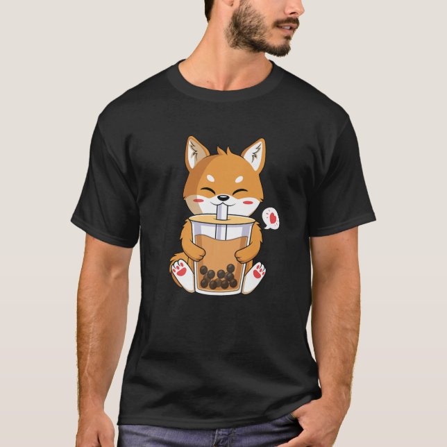 Camiseta Bebendo De Cachorro Shiba Inu, Anime Kawaii Boba B (Frente)