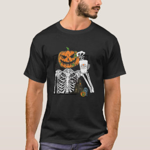 Camiseta Bebendo de café Abóbora Cabeça Esqueleto Halloween