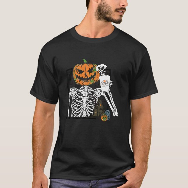 Camiseta Bebendo de café Abóbora Cabeça Esqueleto Halloween (Frente)
