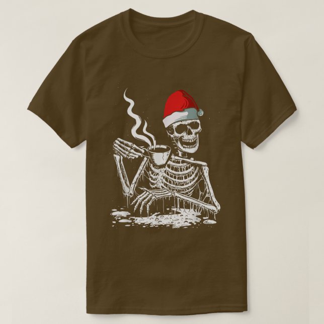 Camiseta Bebendo de café Papais noeis esqueletos Natal Engr (Frente do Design)