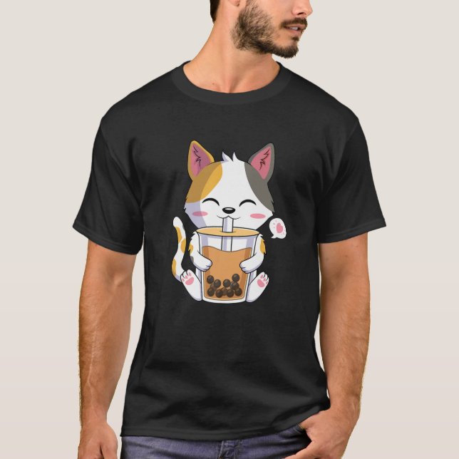 Camiseta Bebendo de Gato de Animo Kawaii Boba Bubble Tea Lo (Frente)