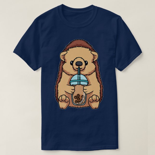 Camiseta Bebendo De Hedgehog Bble Tea Cute Animais Com Bob (Frente do Design)