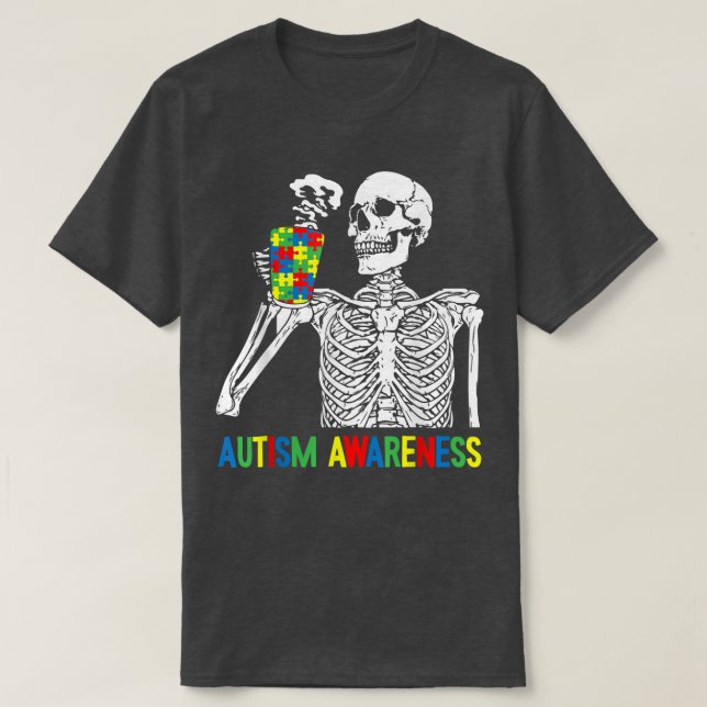 Camiseta Bebendo de Skeletrização Café Autismo Quebra-cabeç (Frente do Design)