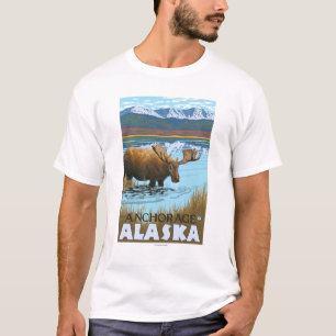 Camiseta Bebendo dos alces no lago - Anchorage, Alaska