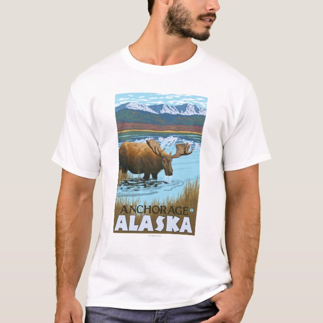 Camiseta Bebendo dos alces no lago - Anchorage, Alaska (Frente)