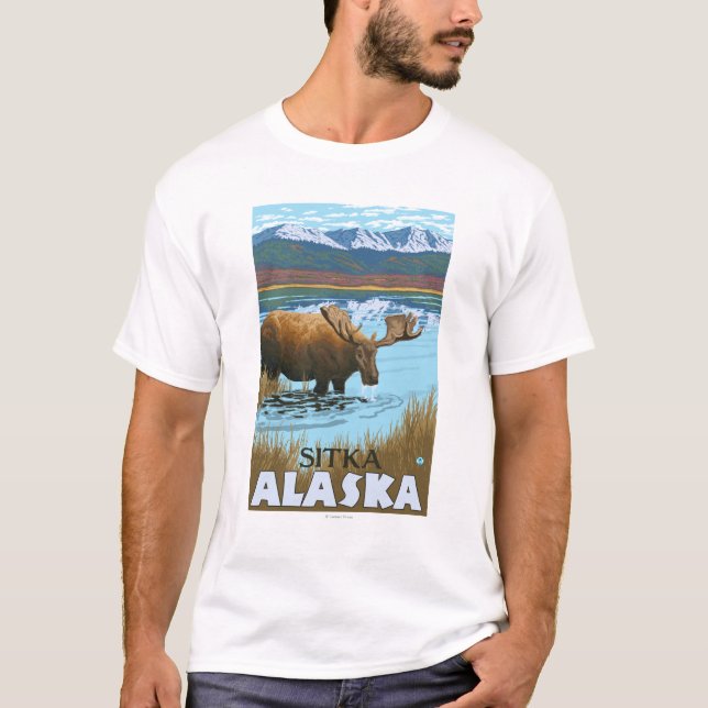 Camiseta Bebendo dos alces no lago - Sitka, Alaska (Frente)