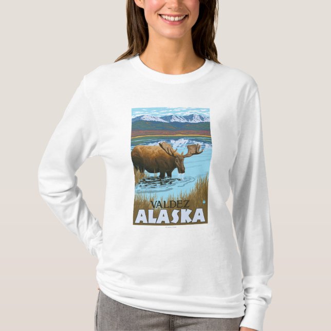 Camiseta Bebendo dos alces no lago - Valdez, Alaska (Frente)