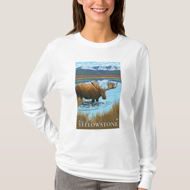 Camiseta Bebendo dos alces no lago - Yellowstone ocidental, (Frente)