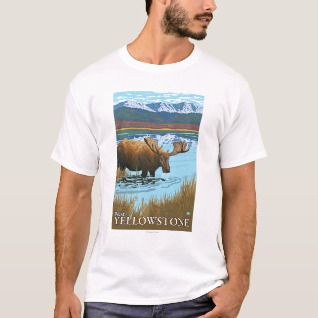 Camiseta Bebendo dos alces no lago - Yellowstone ocidental, (Frente)