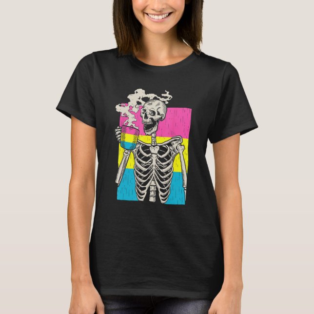 Camiseta Bebendo esquelético Café LGBT Q Orgulho Pansexual  (Frente)