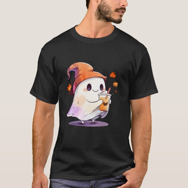 Camiseta Bebendo Fantasma Bonito Café Casal Café Halloween  (Frente)
