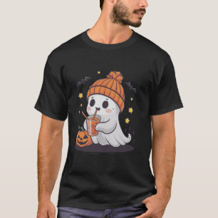 Camiseta Bebendo Fantasma Bonito Café Engraçado Pumpkin Cos