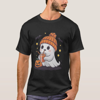 Camiseta Bebendo Fantasma Bonito Café Engraçado Pumpkin Cos