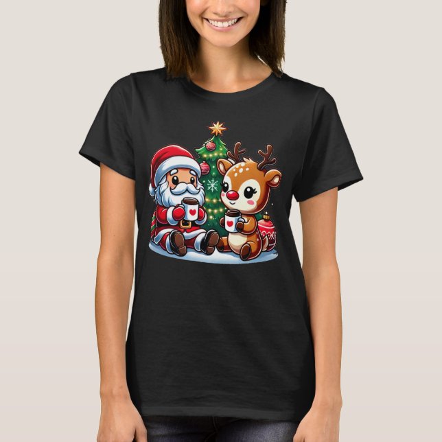 Camiseta Bebendo T- Cute Santa Claus E Red Nose Reindeer (Frente)