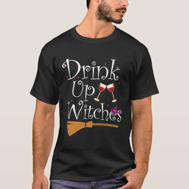 Camiseta Beber Bruxas Engraçadas Vinho Bebendo Cos (Frente)