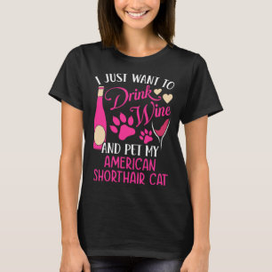 Camiseta Beber vinho e Pet Meu Gato de Ar Curto Americano