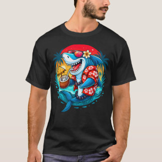 Camiseta Bebida de Coco de Tubarão de Praia Tropical Verão