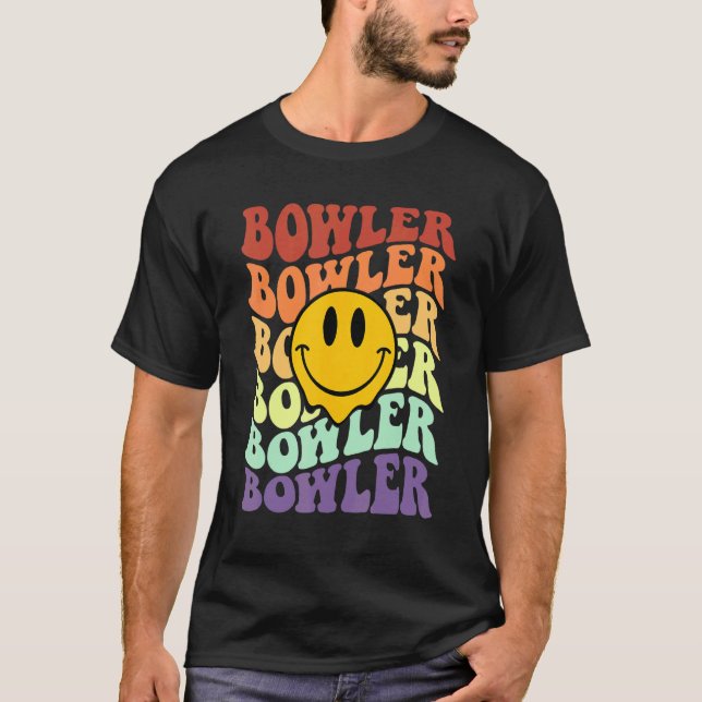 Camiseta beco da equipe de boliches do bowler retro sorri f (Frente)