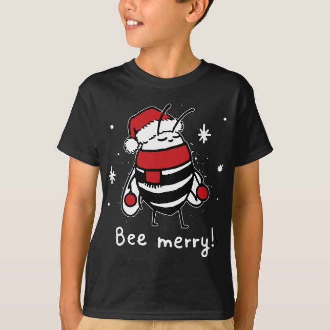 Camiseta Bee Feliz Natal - abelha veste santa hat Xmas Gif (Frente)