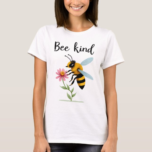 Camiseta Bee Kind: Cute Bee with Tiny Flower (Frente)