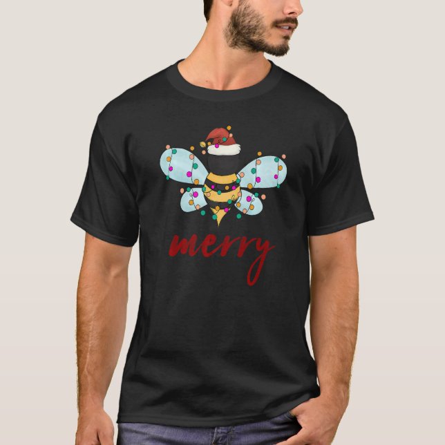 Camiseta Bee Merry Christmas Bee in Santa Hat Cute Merry Xm (Frente)